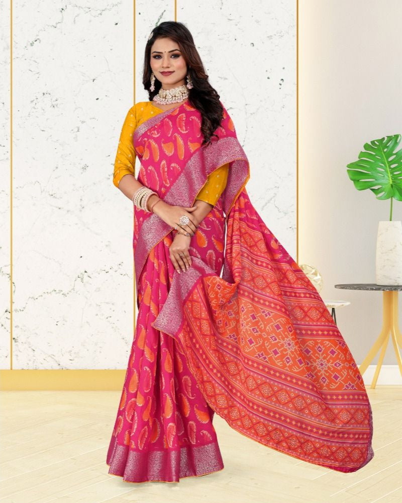 Pink color Jacquard Contrast Piping Border Cotton saree with blouse for women - 14279