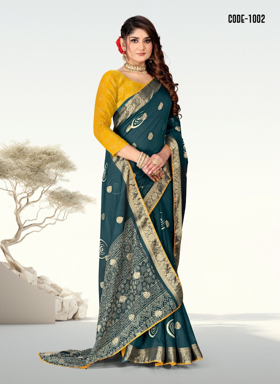 Teal Blue color Jacquard Butta Soft cotton saree with blouse for women - 13974