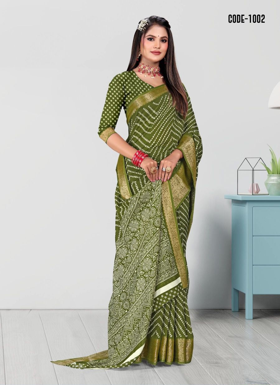 Mehendi Green color Laheriya print Zari border Soft cotton saree with blouse for women - 14308