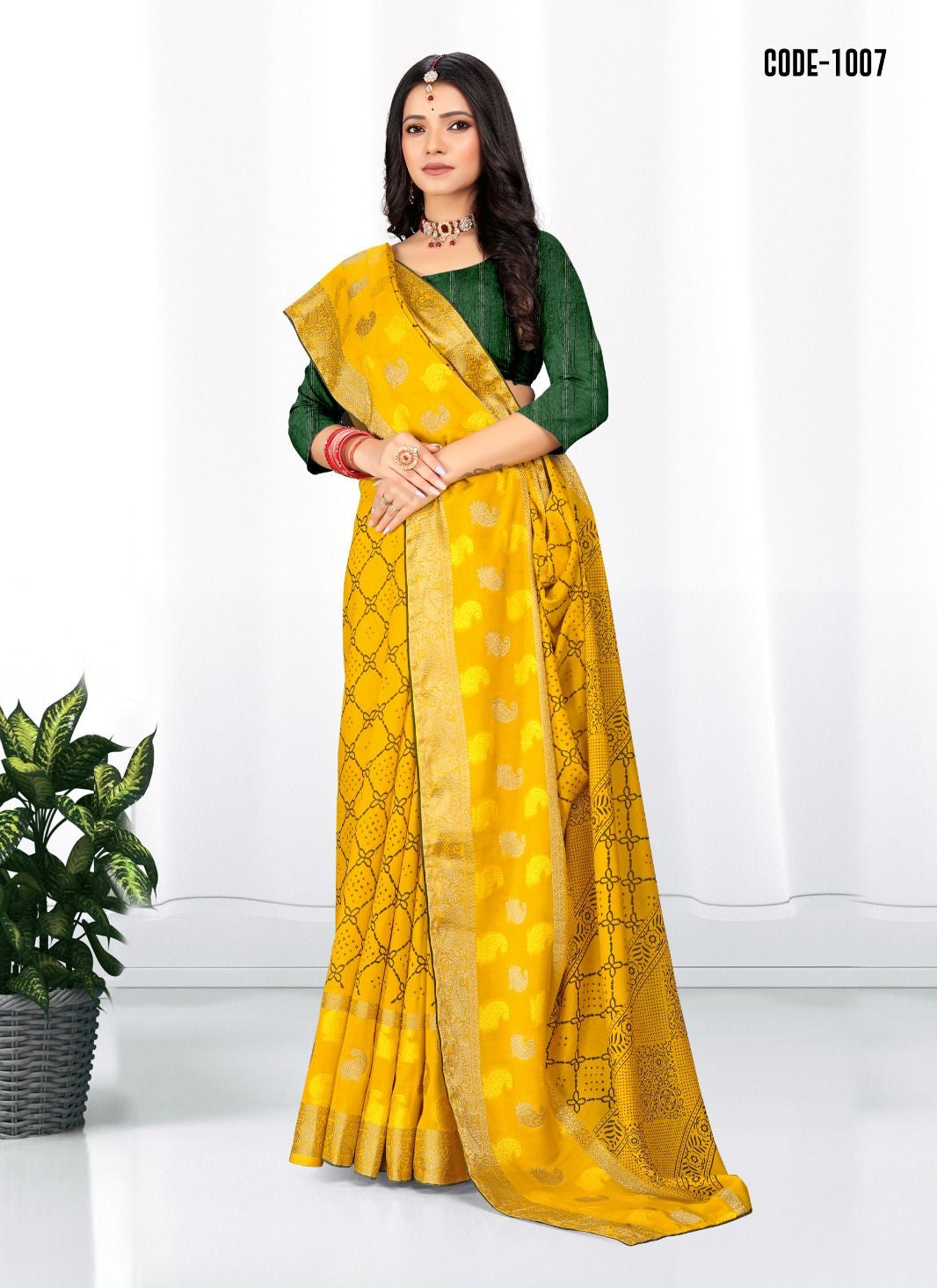 Yellow color Soft cotton Jacquard Butta saree with blouse for women - 14050