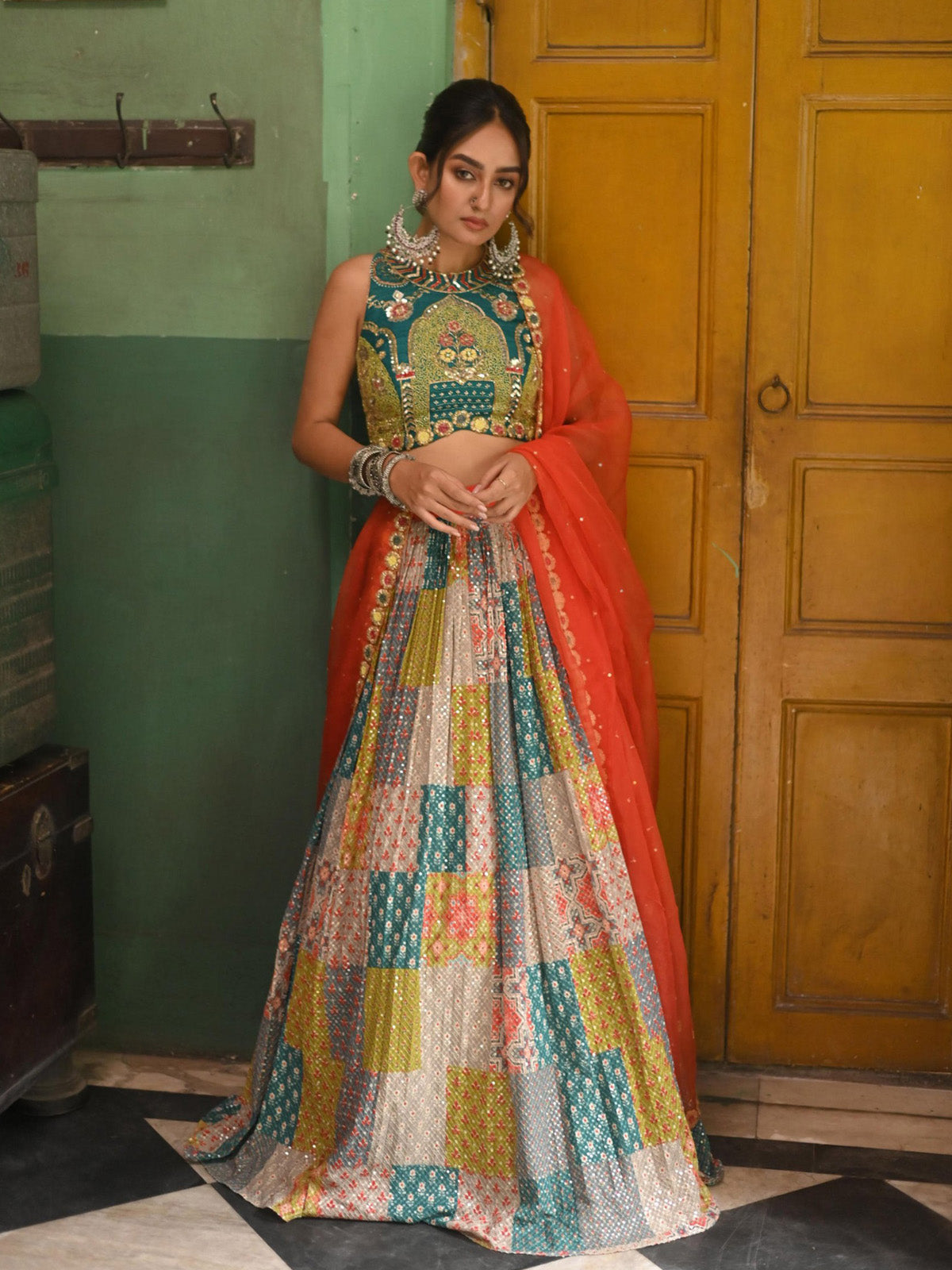 FEALDEAL festive lehenga for women and girls with French Crepe Printed Silk, Banglori Silk choli, sequin zari work and elegant Organza dupatta.