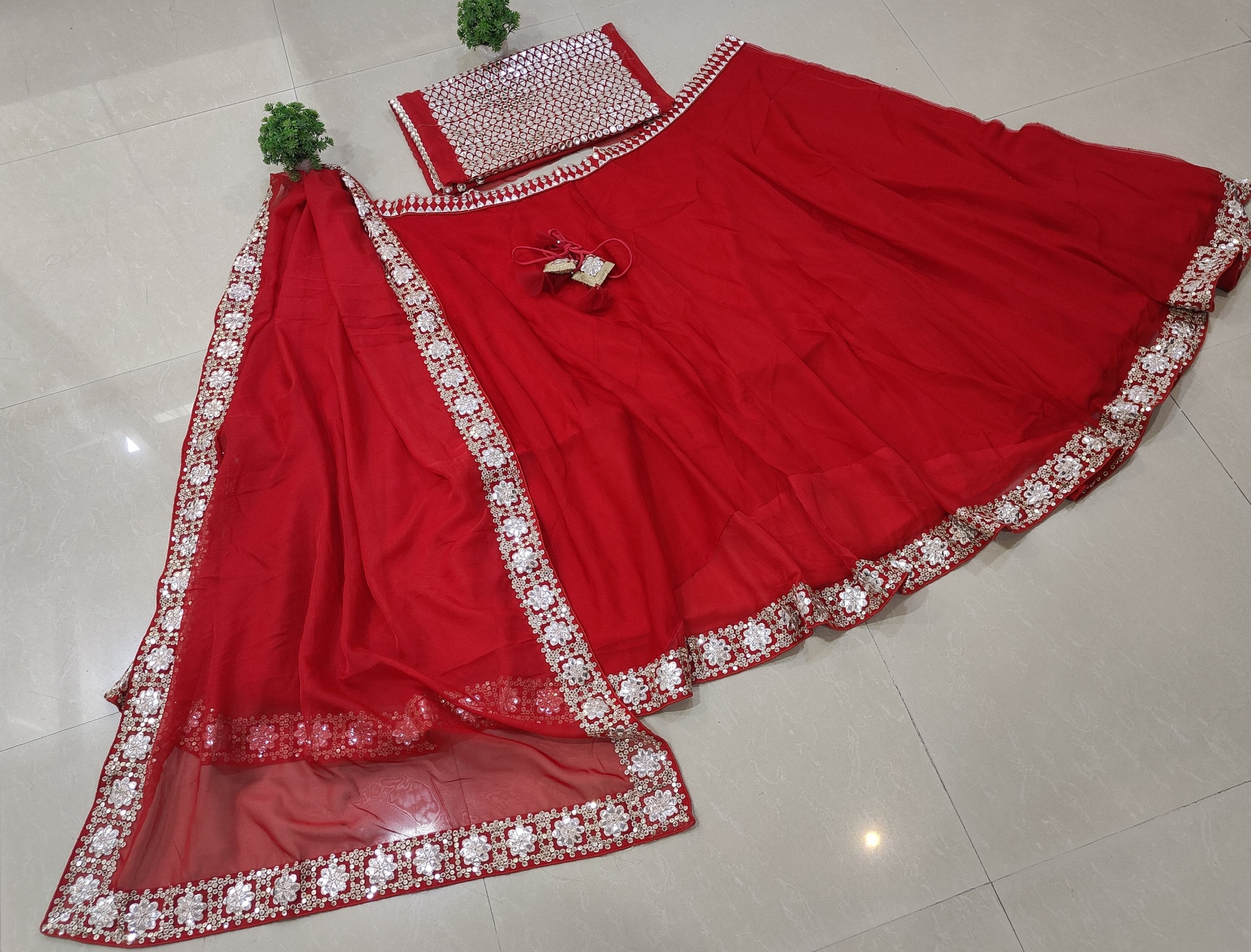 Elegant red lehenga choli set for women with Organza Silk, paper mirror and zari embroidery, customizable blouse, 4.20m flare and fully stitched dupatta.