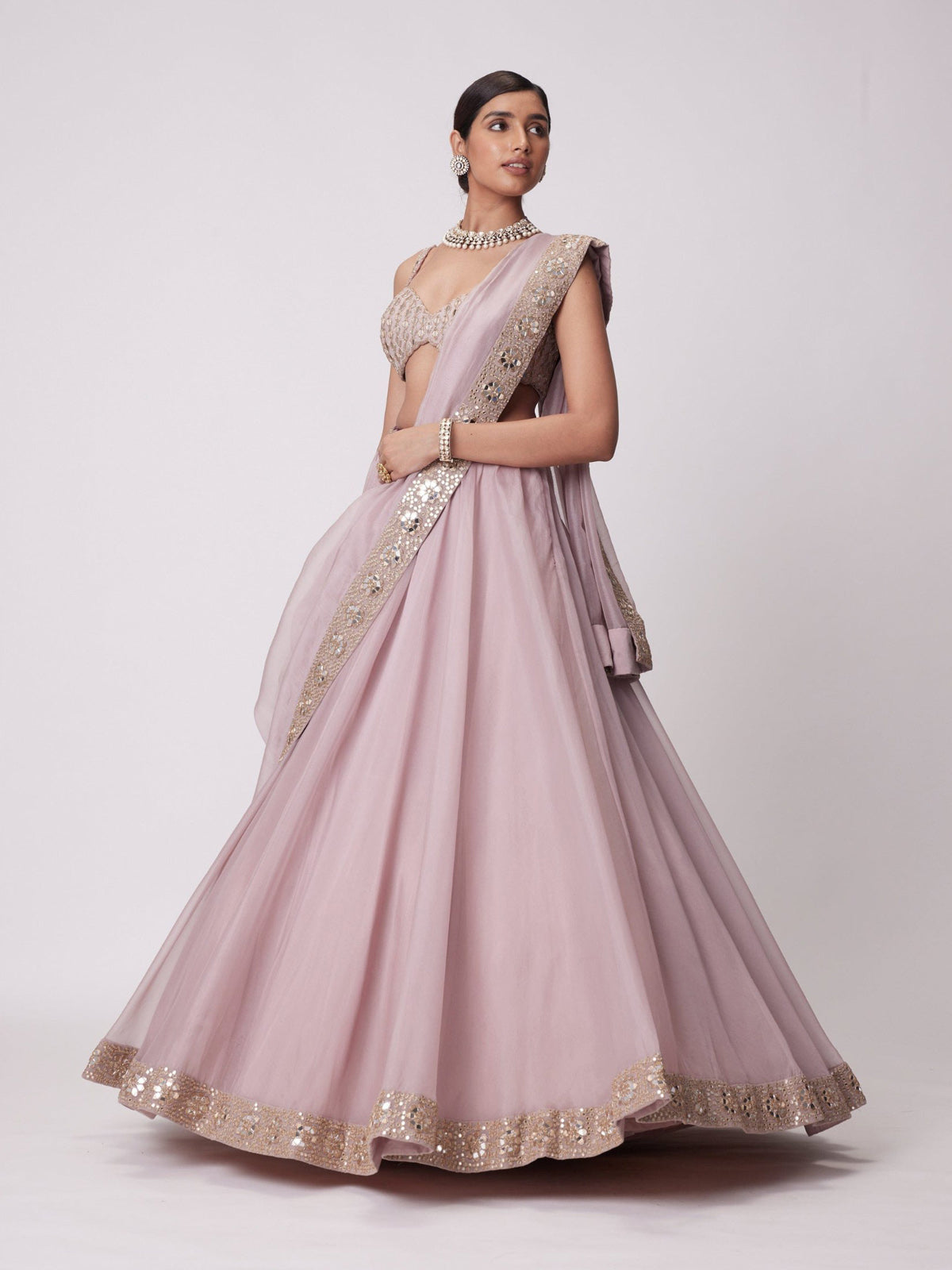 FEALDEAL Organza Silk lehenga for women and girls with paper mirror zari work, 4.20m flare, customizable 9MM sequin blouse and fully stitched dupatta.