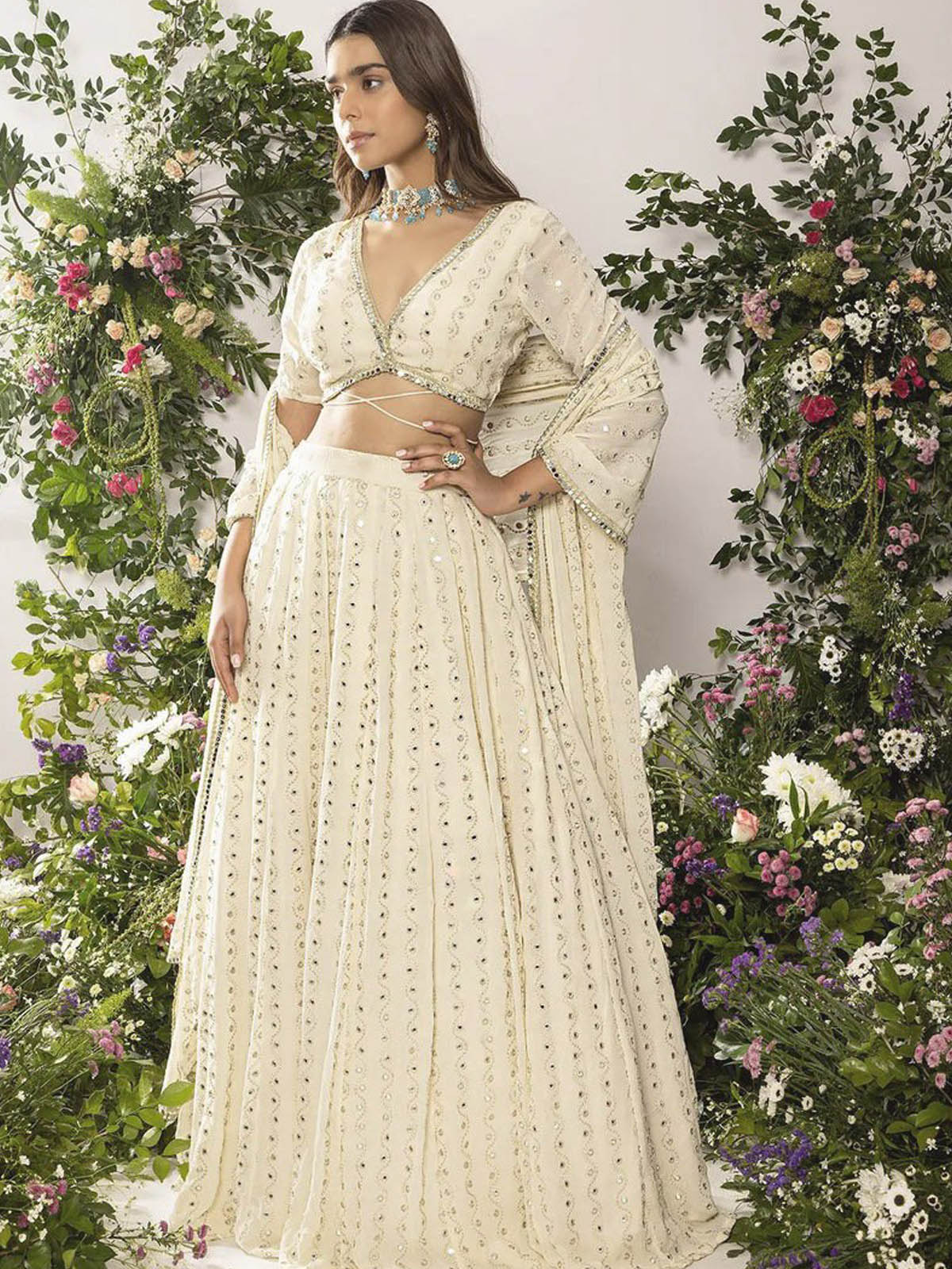 Elegant lehenga for women and girls in Faux Georgette with 5MM sequin work, 4.25M flair, embroidered choli and fully stitched dupatta.