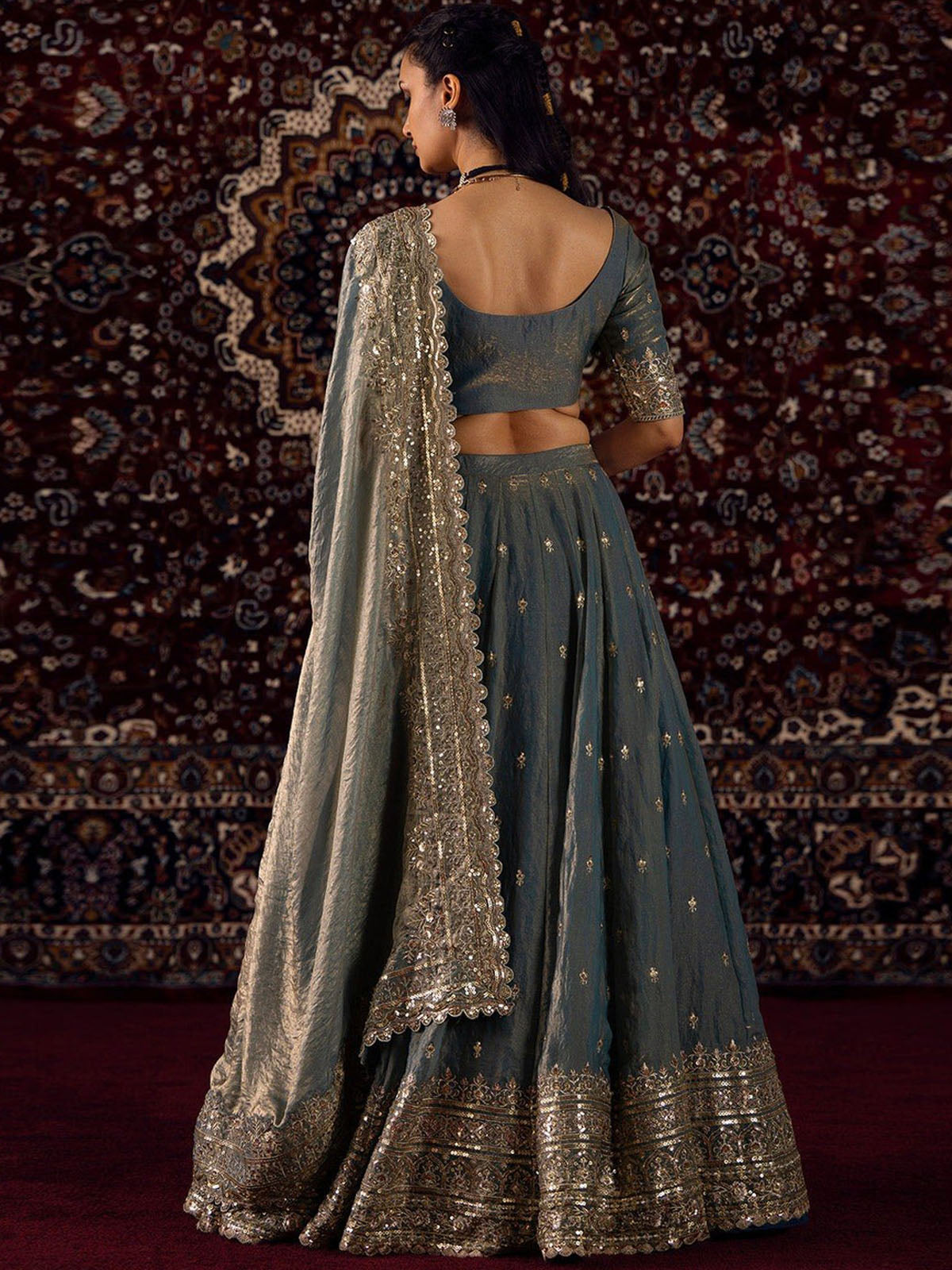 Elegant lehenga for women with Gold Shading Silk, 3.6M flair, Cancan & Canvas, embroidered blouse fabric and a fully stitched 2.30M dupatta.