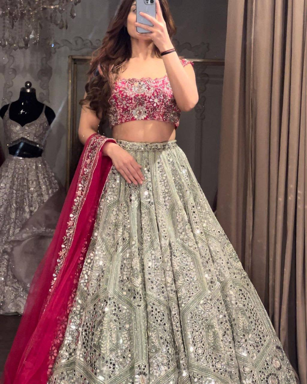 Discover a beautiful wedding lehenga choli in premium Faux Georgette with Can-Can, Canvas and sequins embroidery. Ideal for women, girls and festive occasions.