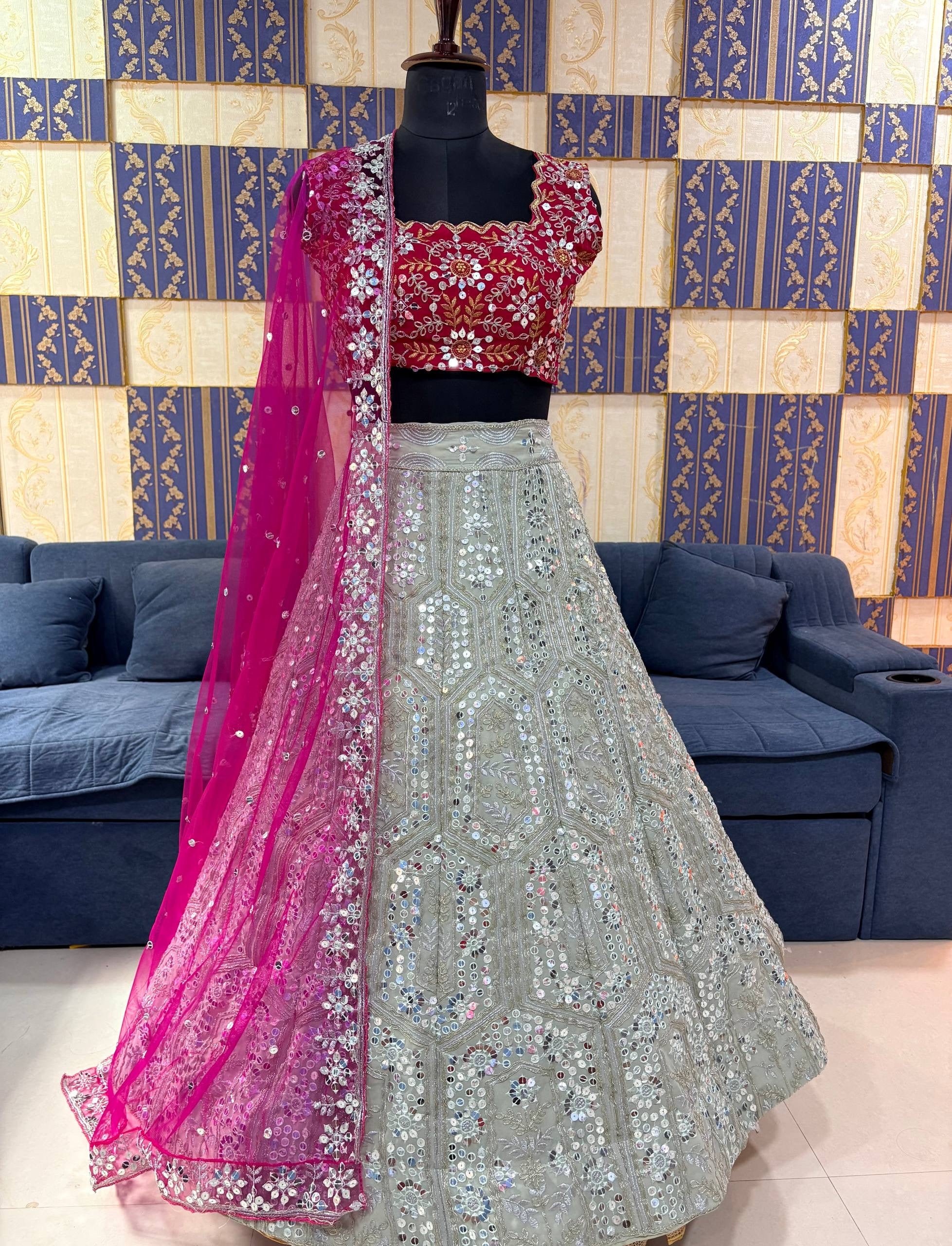 FEALDEAL features premium Faux Georgette, sequins embroidery, 3.5m flare and a 2.3m Butterfly Net dupatta. Perfect for weddings and parties.