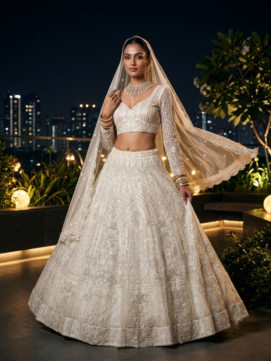 Discover a premium Butterfly Net lehenga with embroidery sequins, 4m flare and a matching 2.2m dupatta. Semi-stitched style supports up to 44-inch waist.