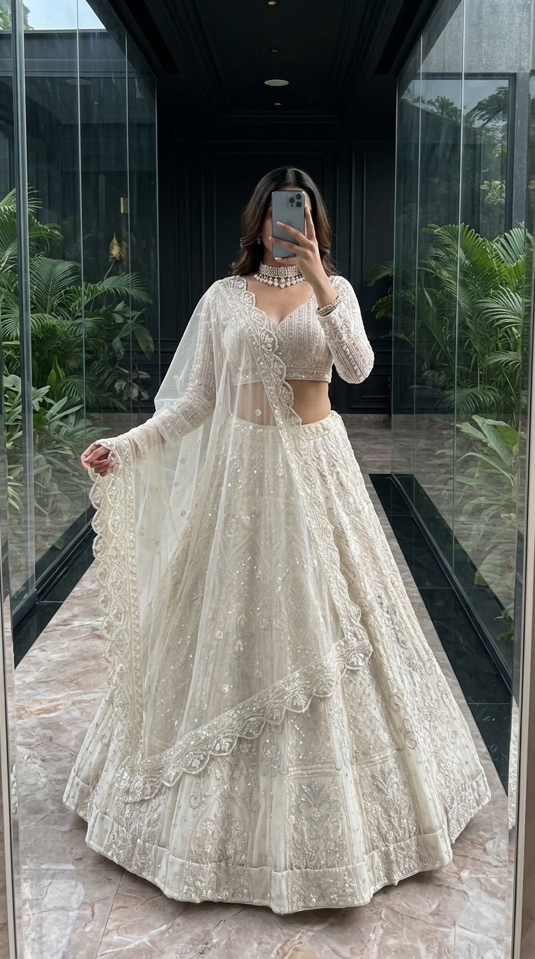 Buy a stylish wedding lehenga choli with premium Butterfly Net, sequins embroidery, Can-Can and Canvas. Perfect for women, girls and festive celebrations.