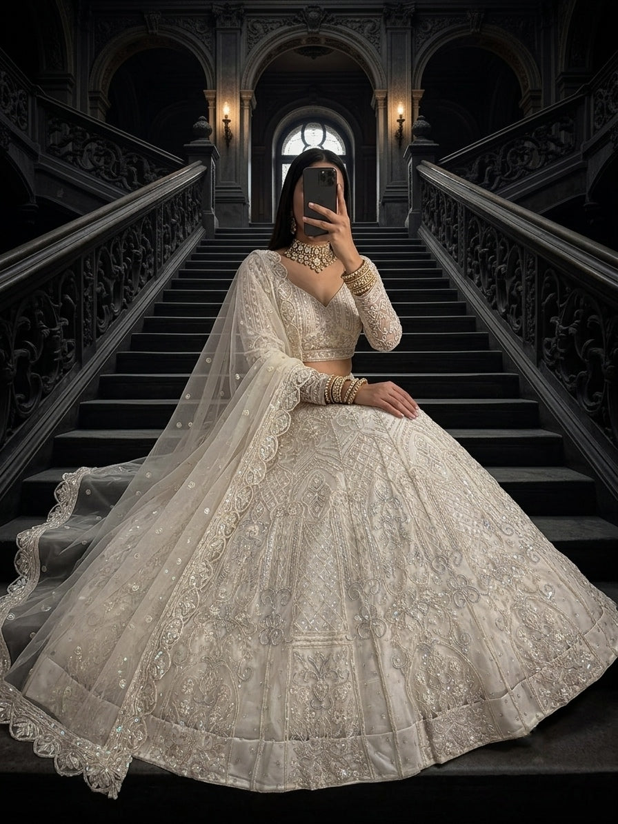 Elevate your ethnic look with FEALDEAL's sequin lehenga choli featuring a 4m flare, embroidered blouse fabric and 2.2m Butterfly Net dupatta.