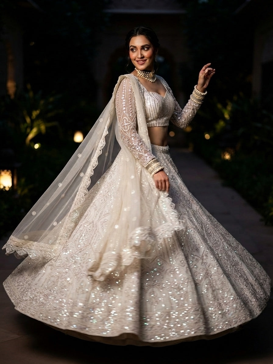 Find an elegant lehenga for women and girls with premium Butterfly Net, embroidery sequins and a grand 4m flare. Perfect for weddings, parties and festivities.