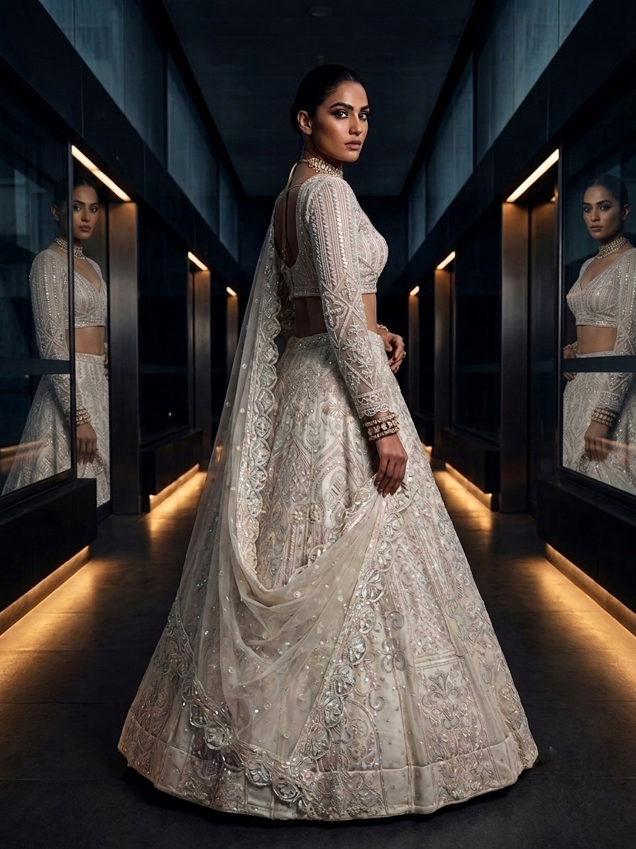 Shop this designer lehenga set with Butterfly Net fabric, sequins embroidery, Can-Can, Canvas and a matching dupatta. Ideal for wedding and festive styling.