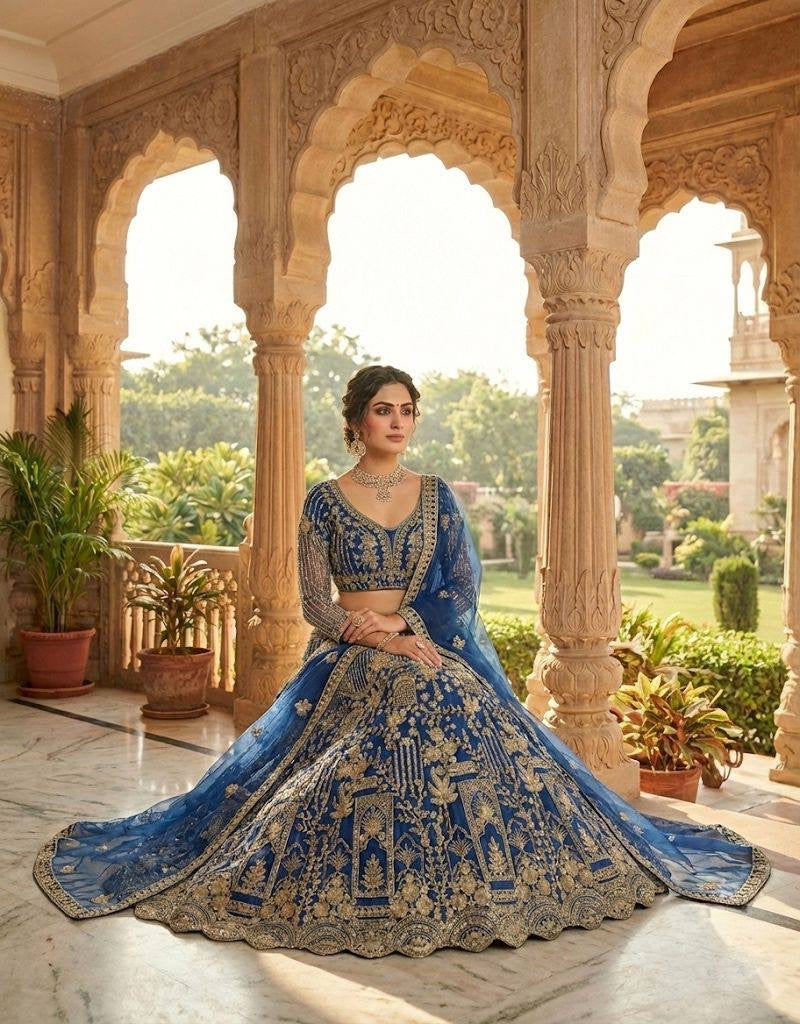 Discover a stylish sequin lehenga choli in premium soft net with a 4m flare, unstitched blouse and 2.3m dupatta. A beautiful choice for wedding occasions.