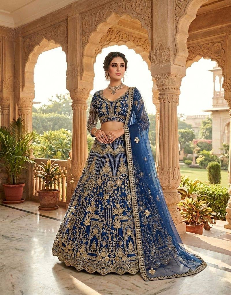 Buy a designer lehenga for women and girls featuring coding sequins, Cancan and Canvas Patta, 4m flare and customizable blouse. Perfect for wedding wear.