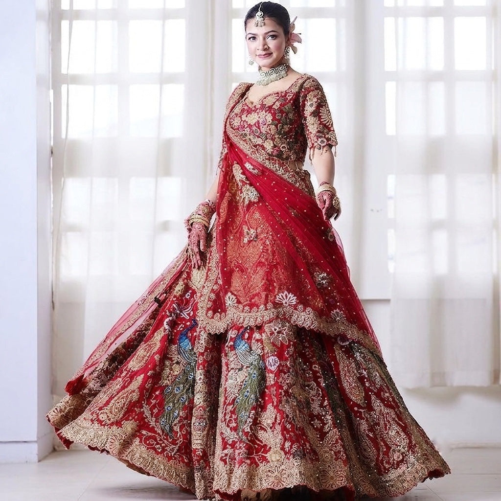 Elevate your ethnic look with this Fox Georgette sequin lehenga featuring a 4m flare, customizable 1.3m blouse fabric and matching 2.3m dupatta.