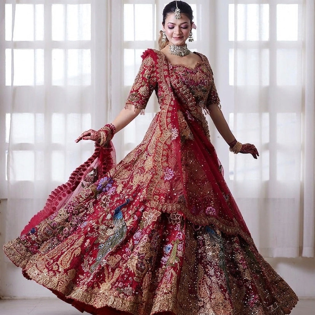 Discover a stylish Georgette lehenga choli with embroidery sequins, 4m flare and a matching 2.3m dupatta. Semi-stitched design supports up to 44-inch waist.