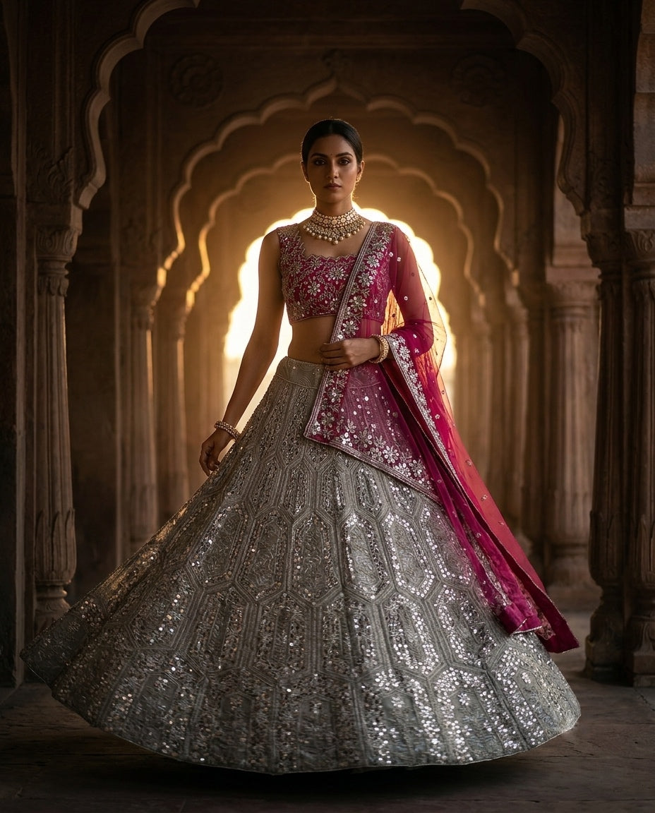 Buy a stylish Georgette lehenga choli with embroidery sequins, 3.5m flare and Butterfly Net dupatta. Semi-stitched design supports up to 44-inch waist.