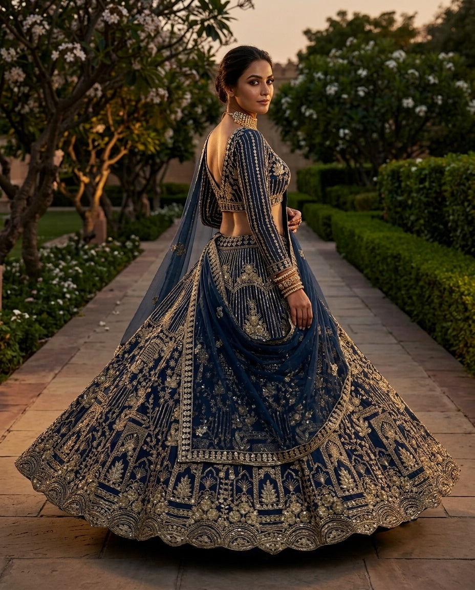 Choose FEALDEAL for a beautiful lehenga design with premium soft net, coding sequins and grand 4m flare. Semi-stitched style with customizable blouse.