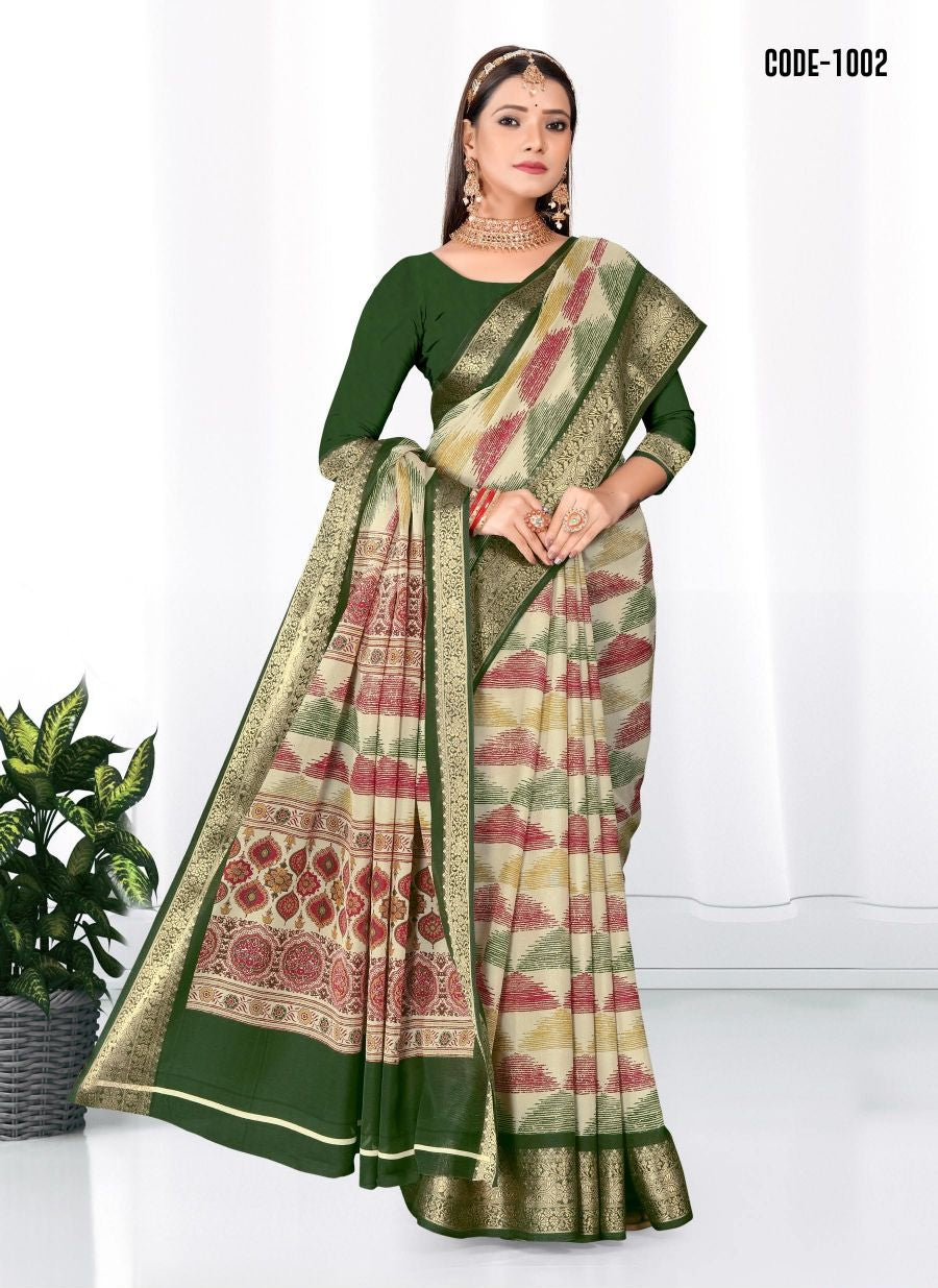 Green color Geometric Print Zari border Soft cotton saree with blouse for women - 14324
