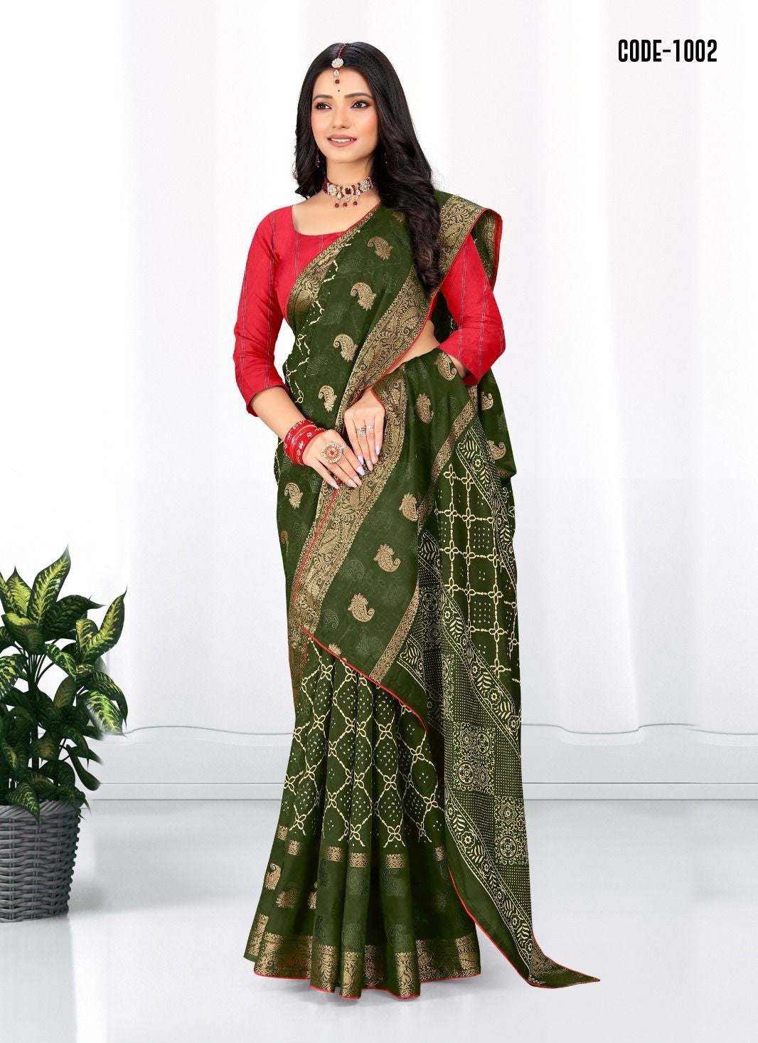 Green color Soft cotton Jacquard Butta saree with blouse for women - 14045