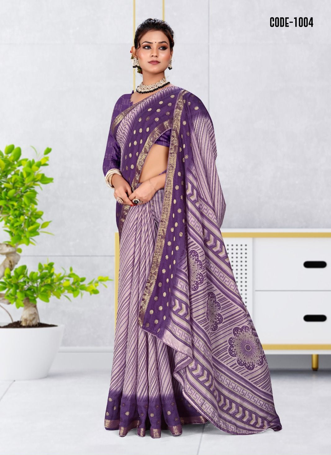 Purple color Strip Print Jacquard border Dola Silk saree with blouse for women - 14566