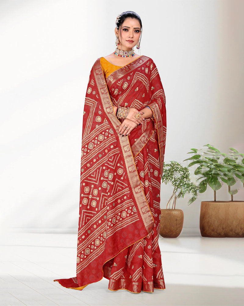 Red color Festive wear Zari Weaving Jacquard border Viscose saree with blouse for women - 13505