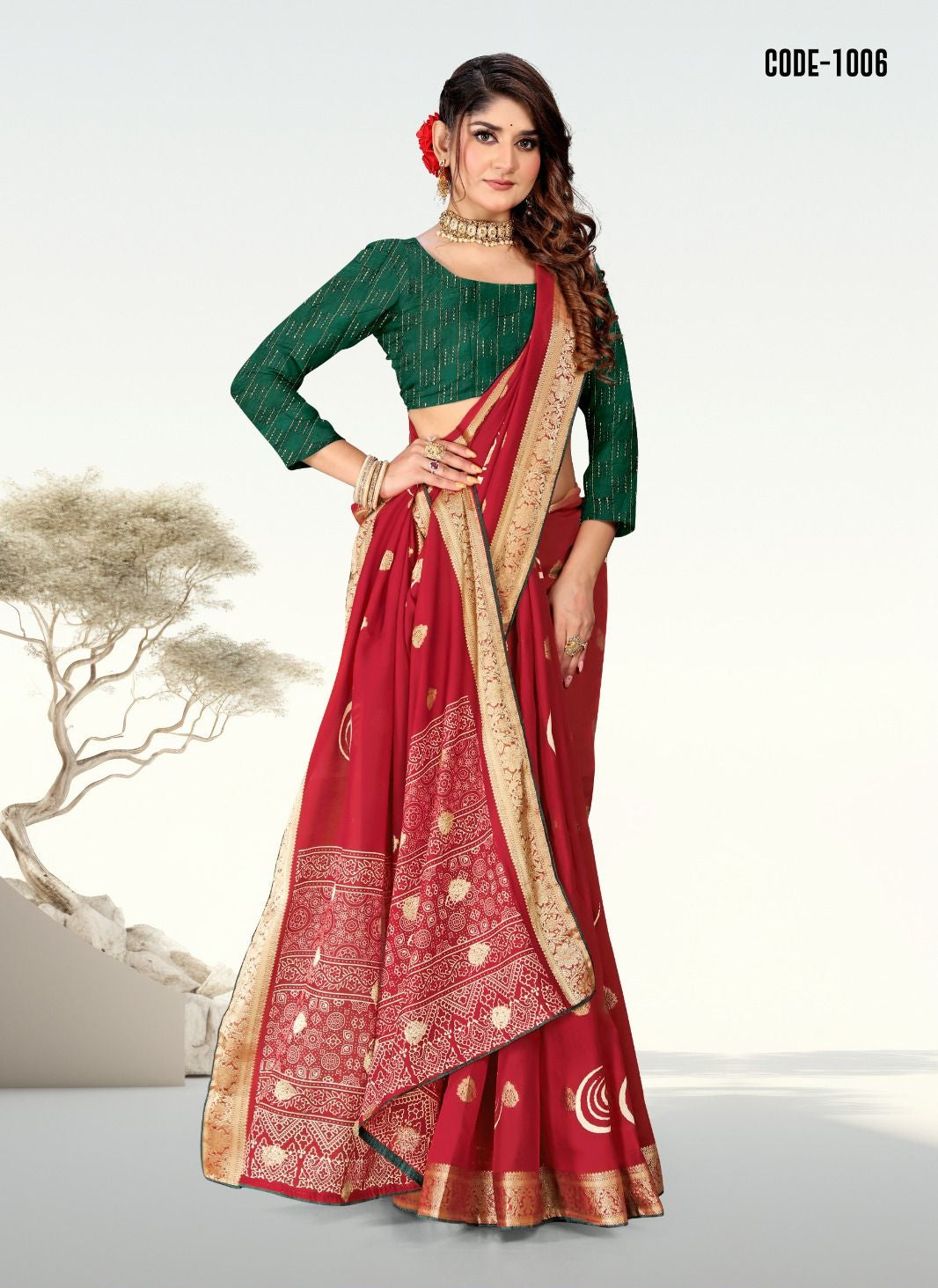 Red color Jacquard Butta Soft cotton saree with blouse for women - 13977