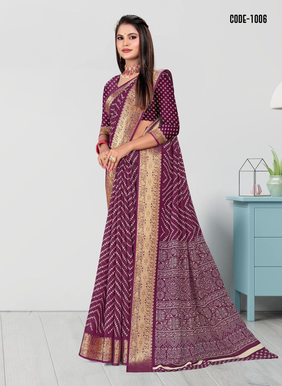 Purple color Laheriya print Zari border Soft cotton saree with blouse for women - 14312
