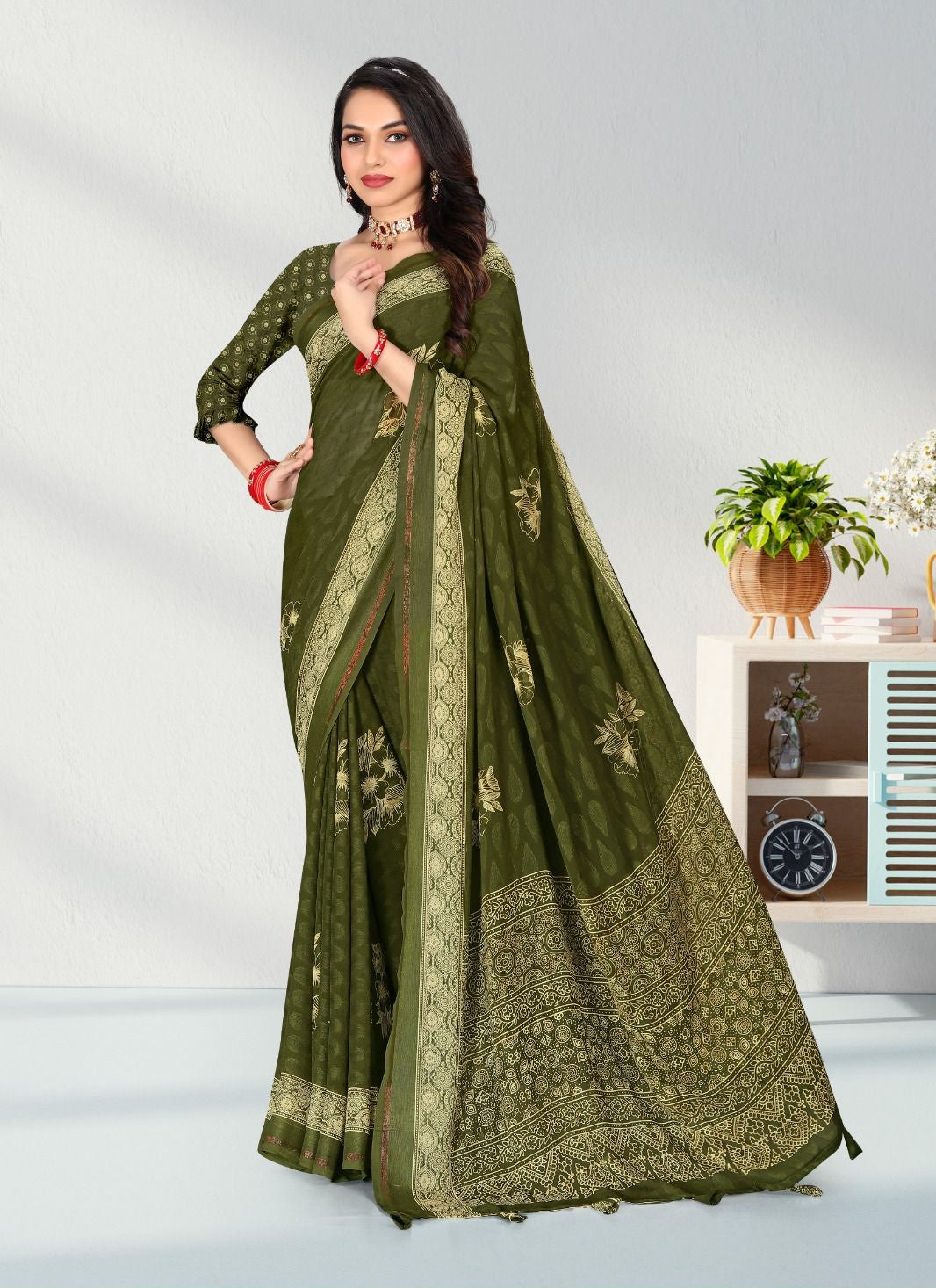 Mehendi Green color Satin border Jacquard Butta Georgette saree with blouse for women - 13952