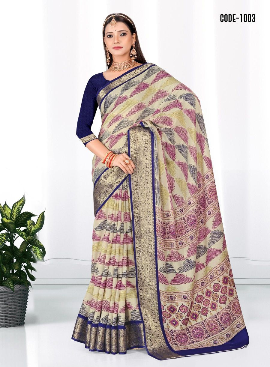 Blue color Geometric Print Zari border Soft cotton saree with blouse for women - 14325
