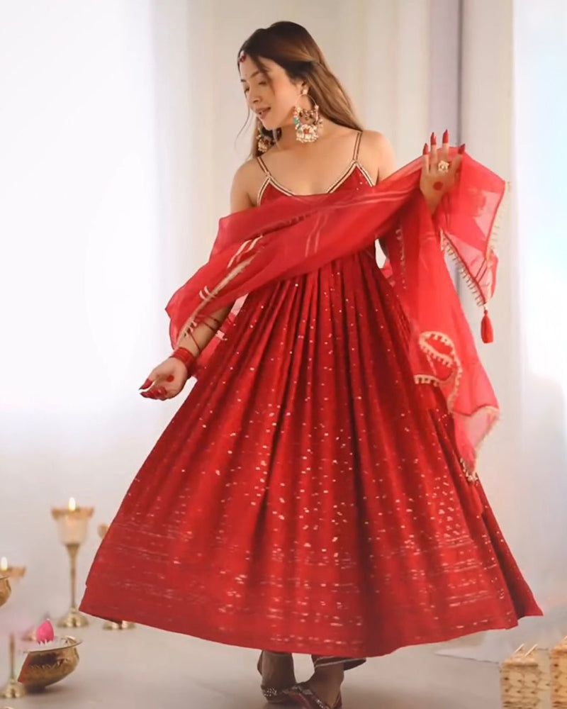 Red Rayon silk Chikankari sequins work Dress