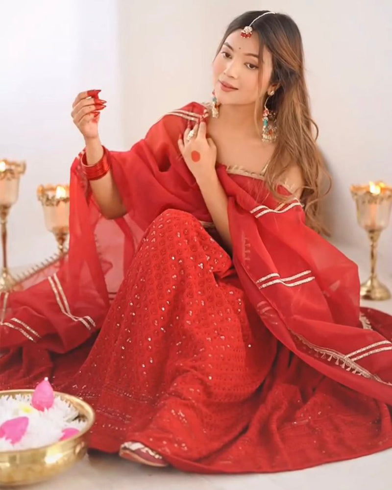 Red Rayon silk Chikankari sequins work Dress