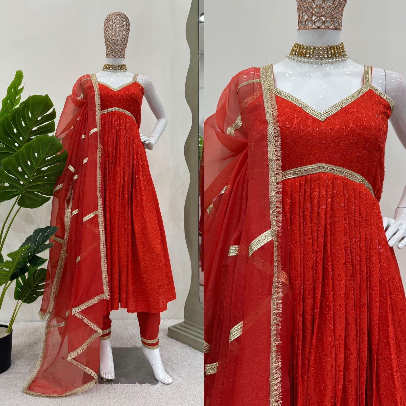 Red Rayon silk Chikankari sequins work Dress