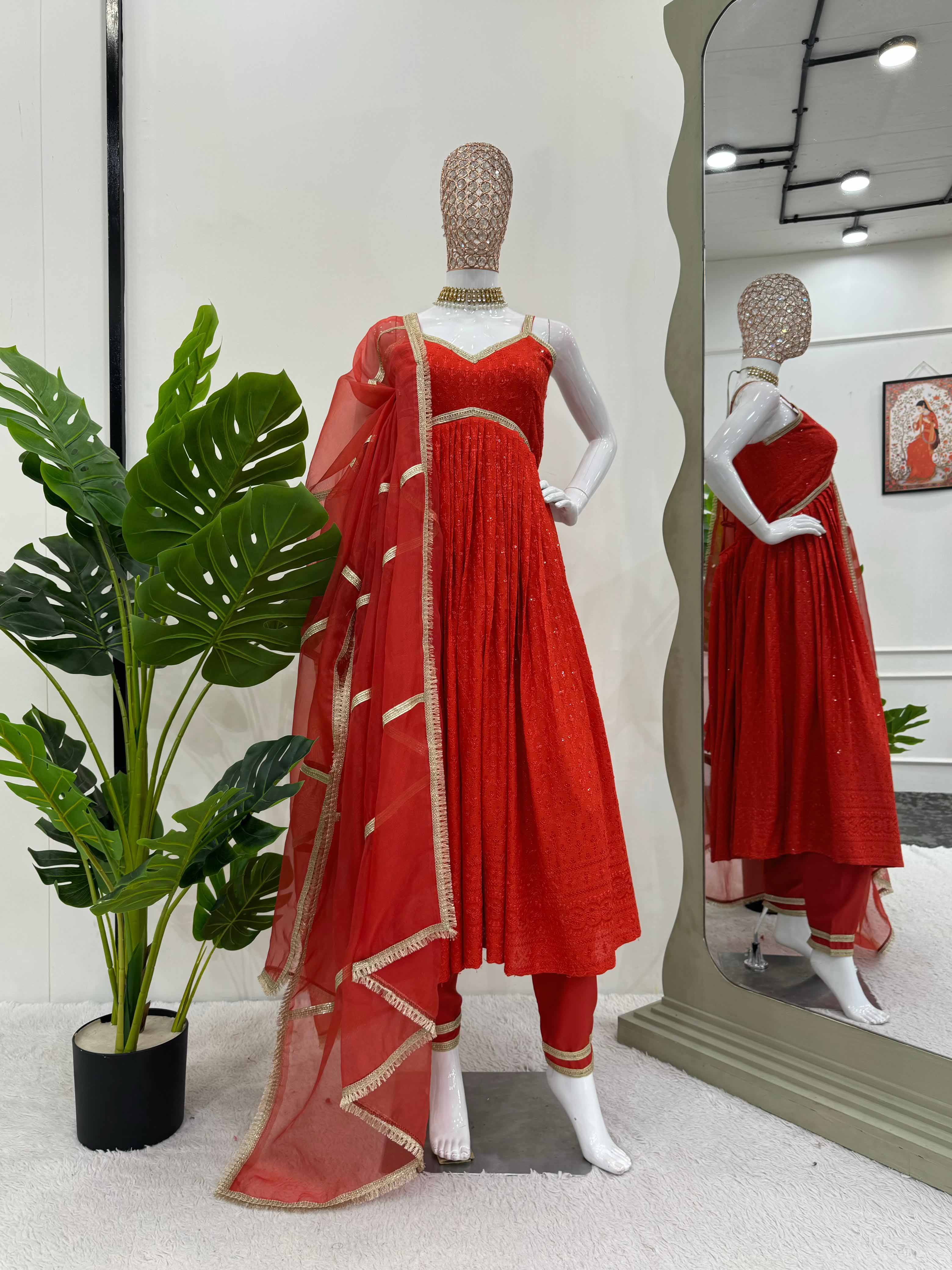 Red Rayon silk Chikankari sequins work Dress