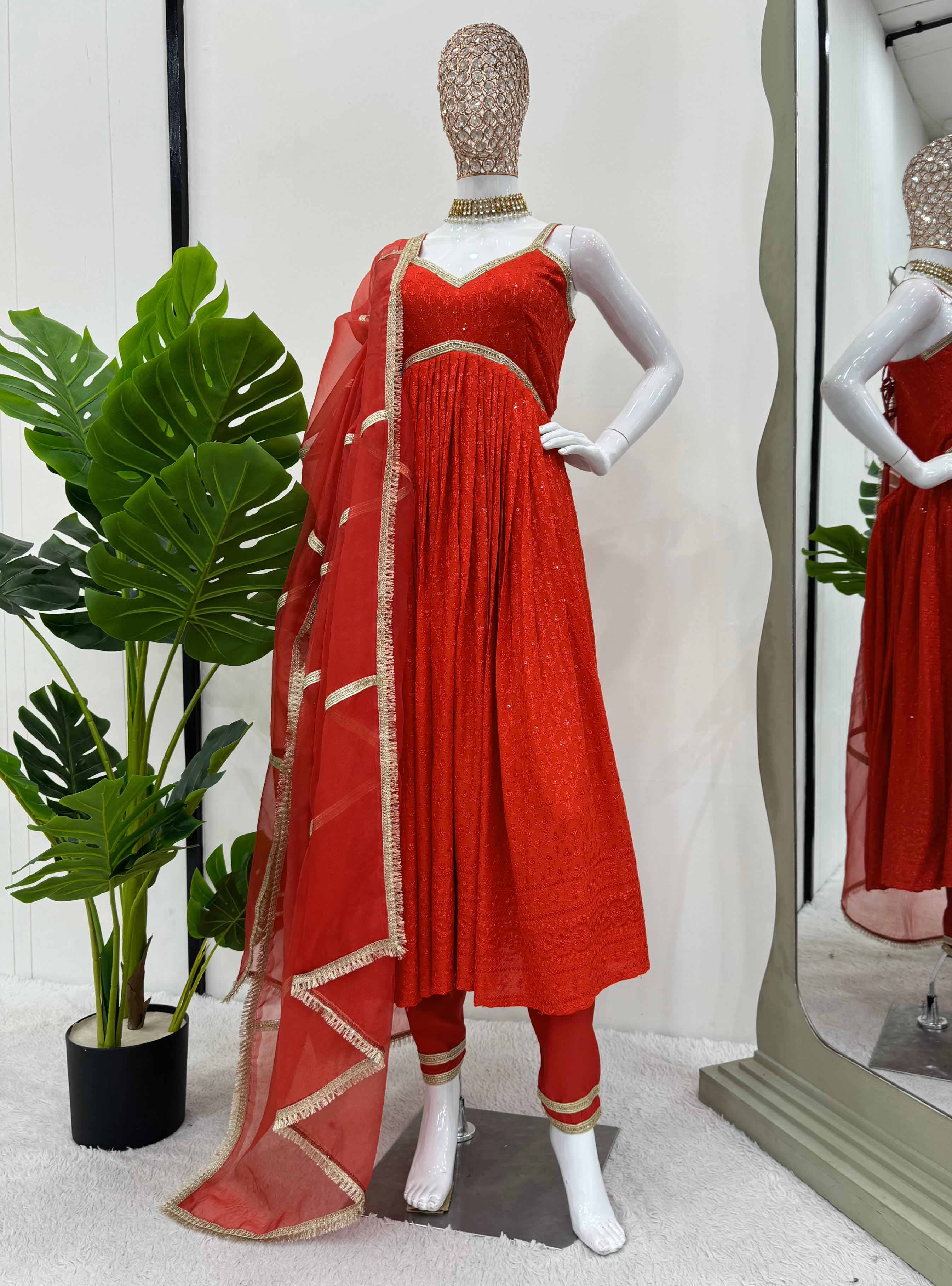 Red Rayon silk Chikankari sequins work Dress