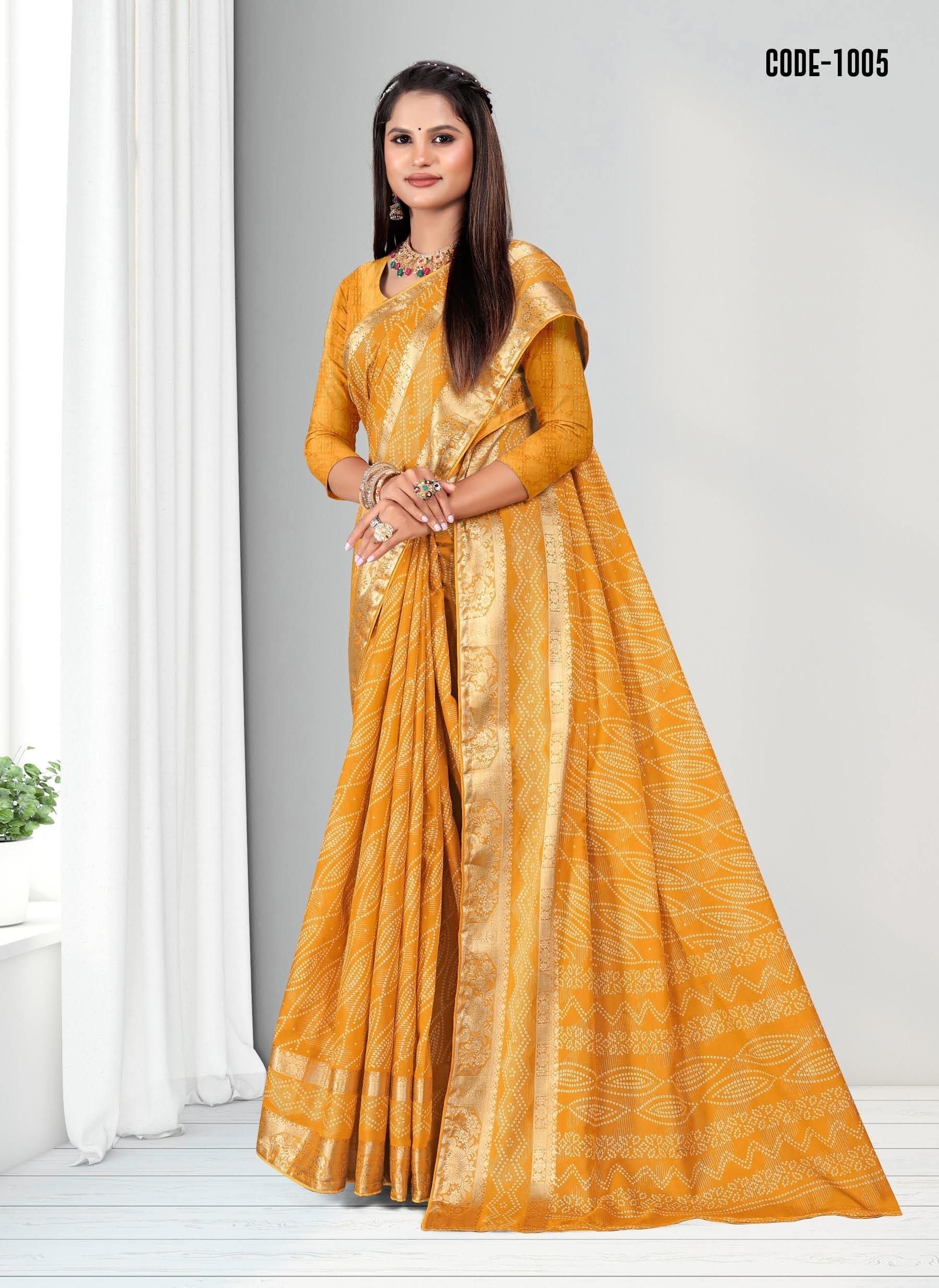 Yellow color Zari Weaving Jacquard border Viscose saree with blouse for women - 13517