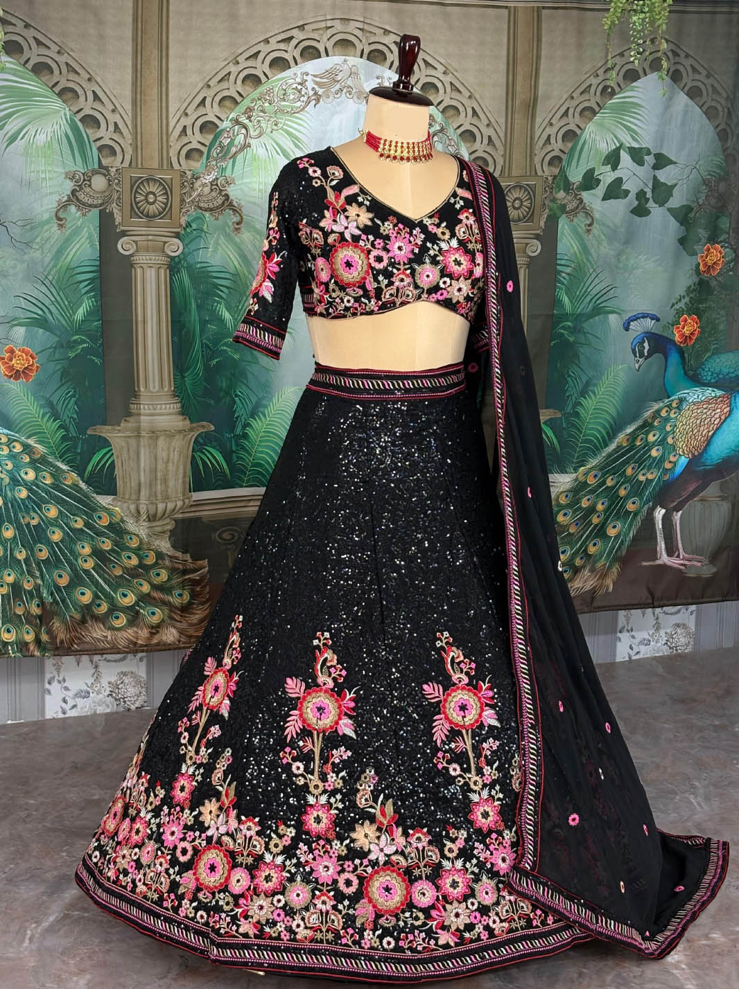 Elegant georgette lehenga dress with sequins embroidery & dupatta. FEALDEAL presents the latest wedding lehenga for women & festive lehenga for girls.
