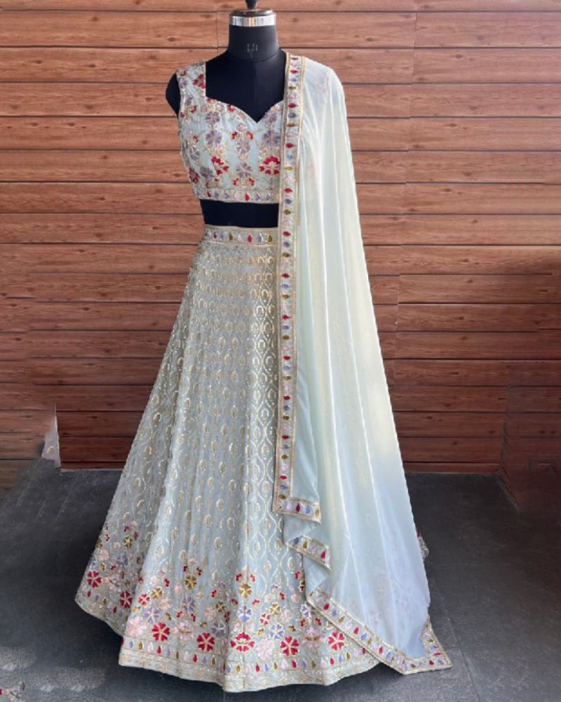 Complete wedding lehenga choli set with faux georgette fabric, sequin work, and premium cancan lining, perfect for brides.