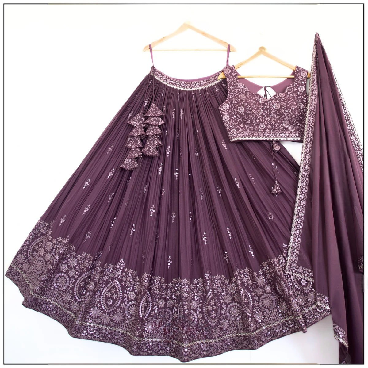 Rose Brown Georgette Dupatta with Lace Border and Embroidery for Wedding Lehenga Choli Set