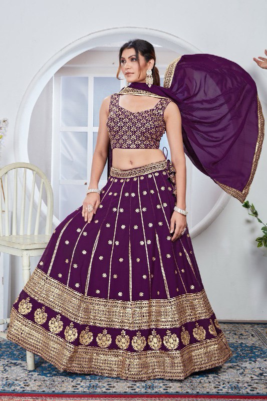 Purple Faux Georgette Lehenga with 3.5 Meter Flair and Thread Embroidery for Wedding