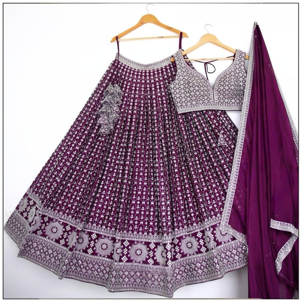 Purple Faux Georgette Dupatta with Lace Border and Embroidery for Wedding Lehenga Set