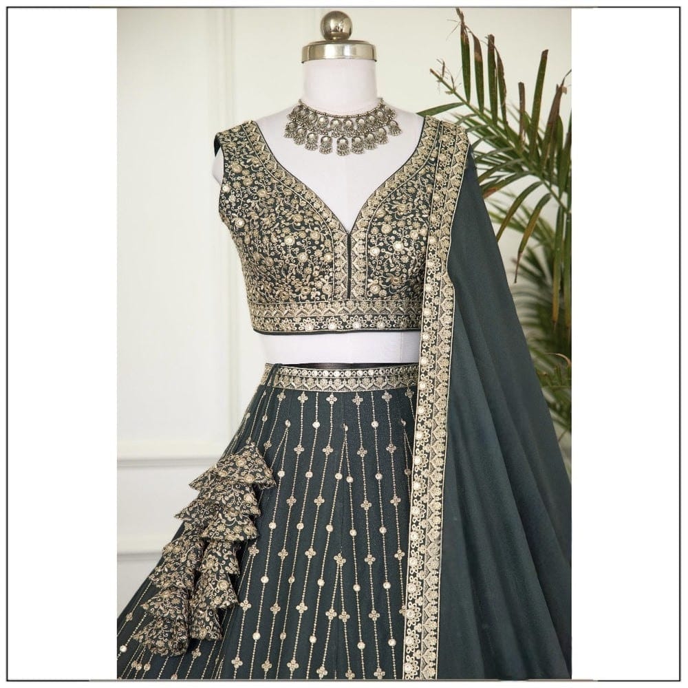 Light Green Faux Georgette Dupatta with Lace Border and Jari Embroidery Lehenga