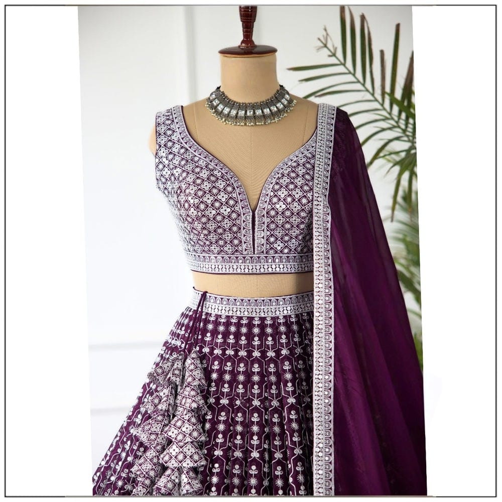 Purple Faux Georgette Choli with Intricate 3MM+5MM Sequin and Thread Embroidery