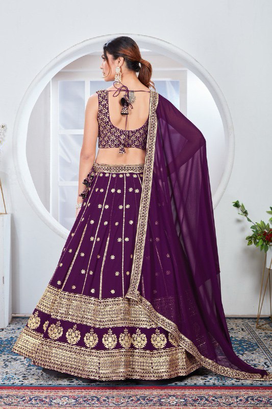 Purple Faux Georgette Dupatta with Lace Border and Thread Embroidery for Bridal Look Lehenga Choli