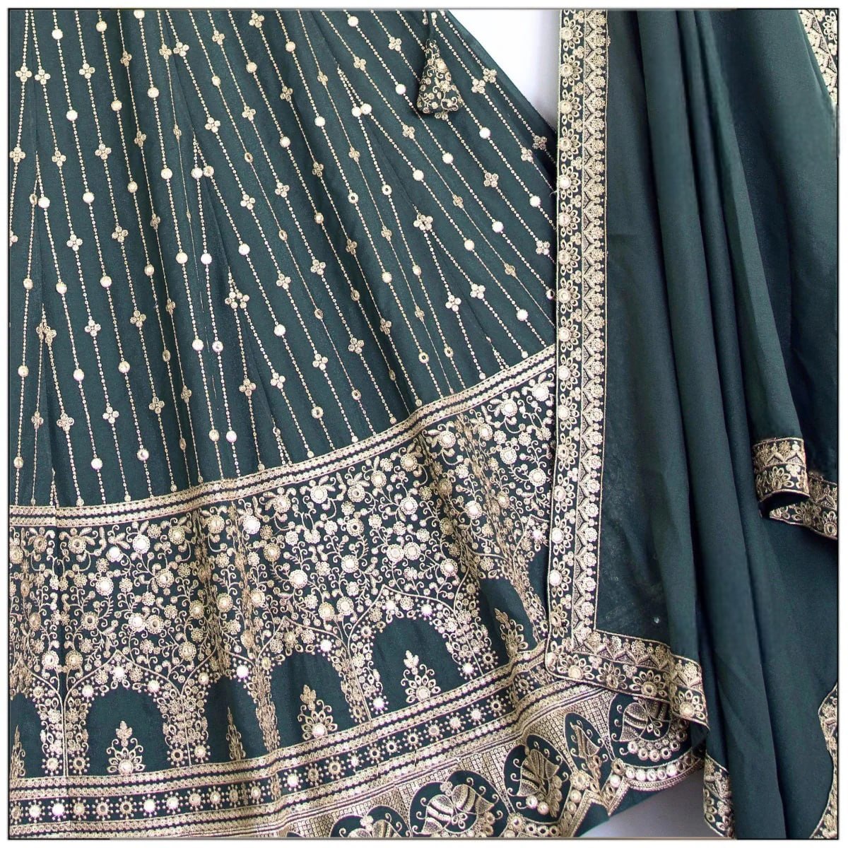 Close-up of Light Green Lehenga with 3MM+5MM Sequins and Jari Embroidery
