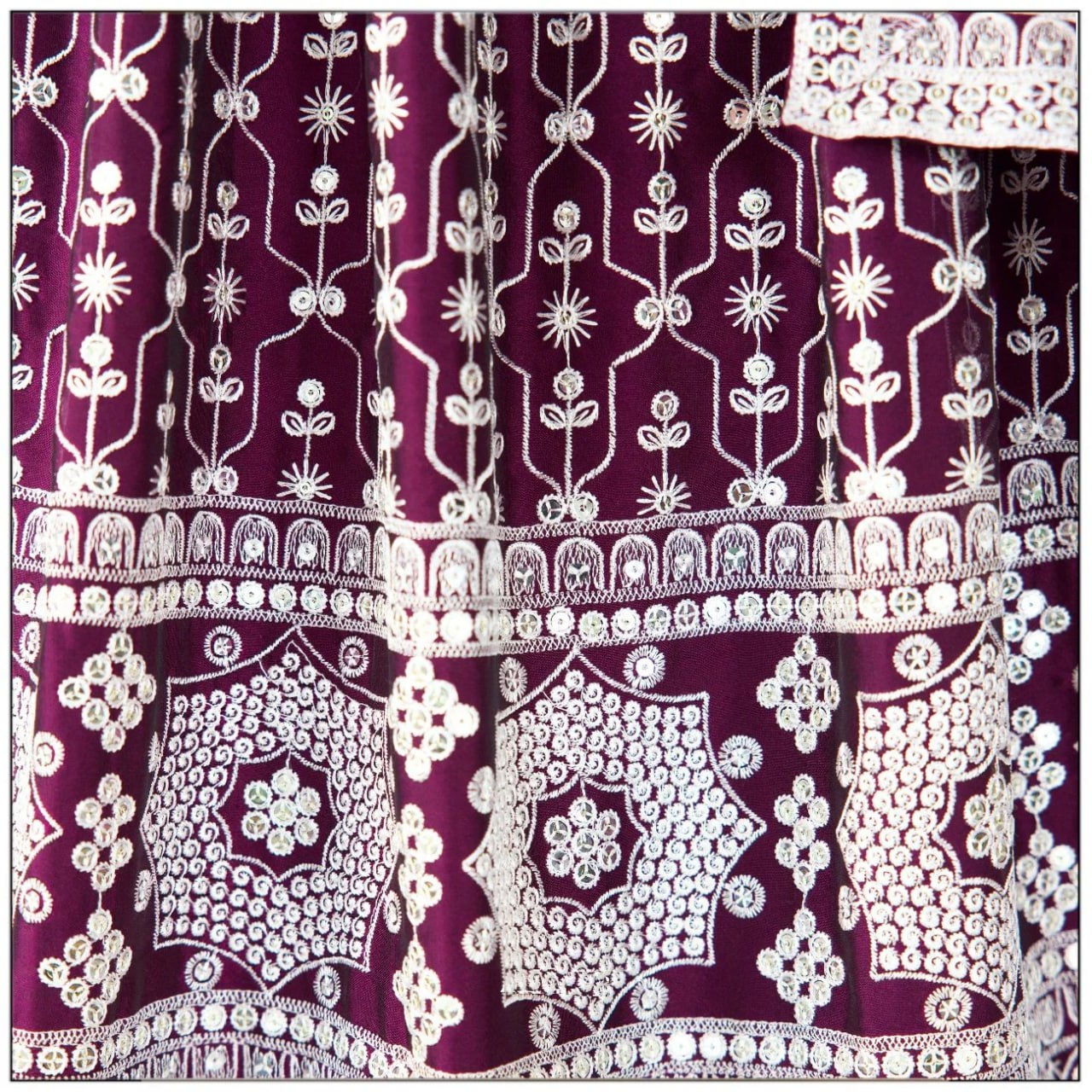 Close-up of 3MM+5MM Sequin and Cotton Thread Embroidery on Purple Faux Georgette Lehenga