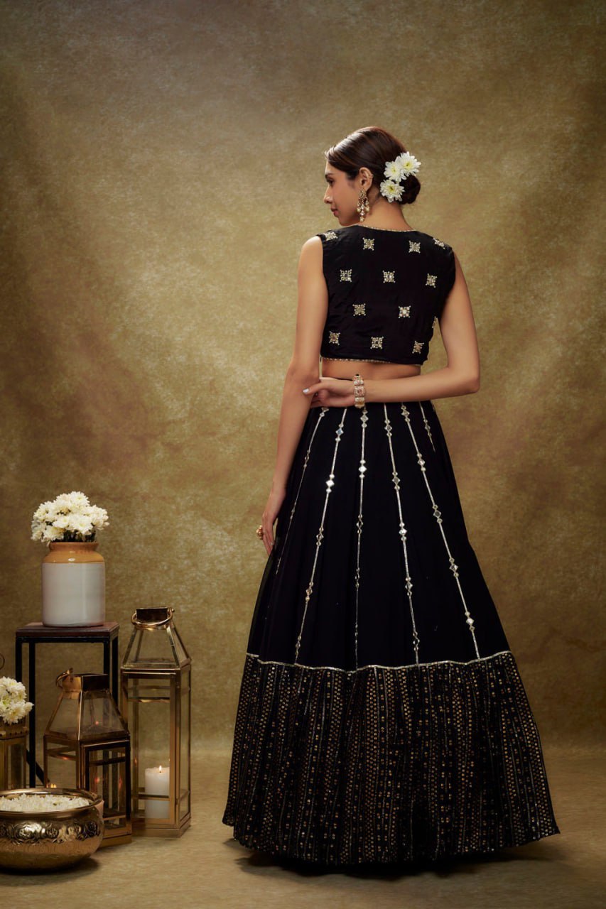 Full Set Black Lehenga Choli with Semi-Stitched Lehenga & Unstitched Blouse