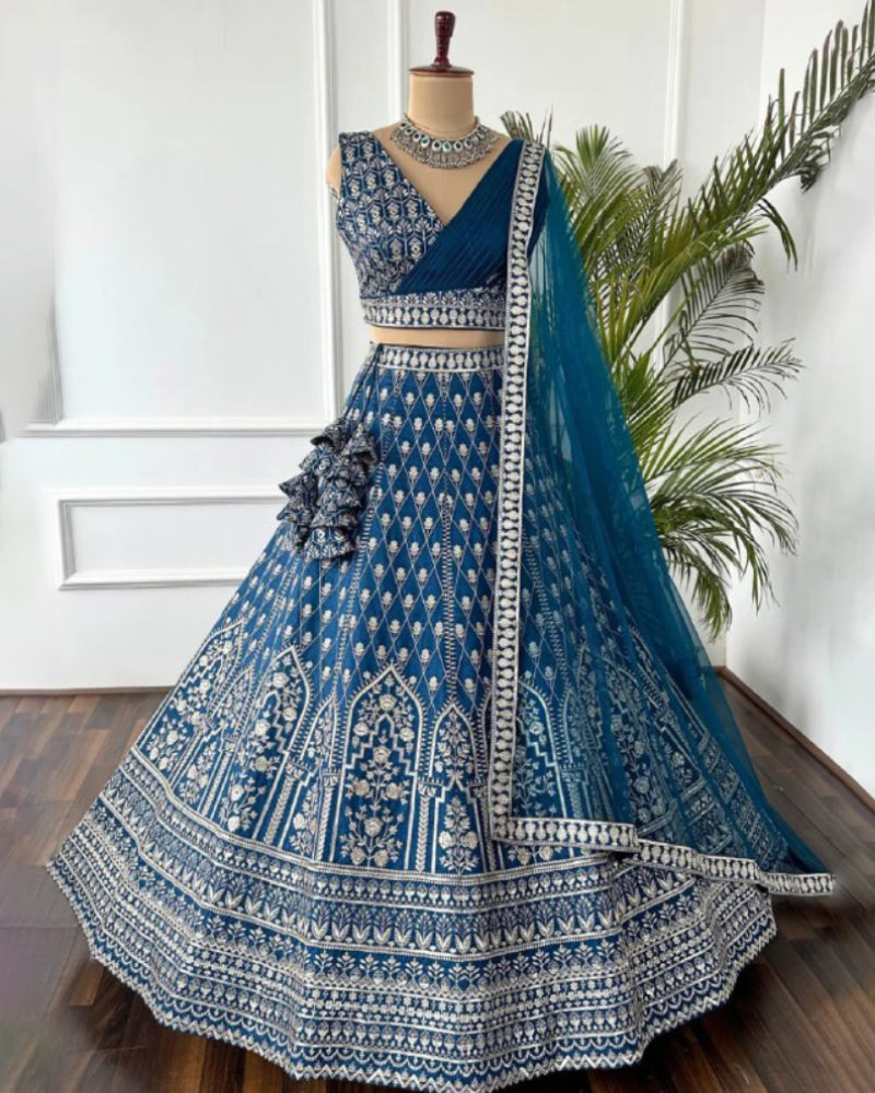 Light blue lehenga choli for women with sequin and thread embroidery – FEALDEAL