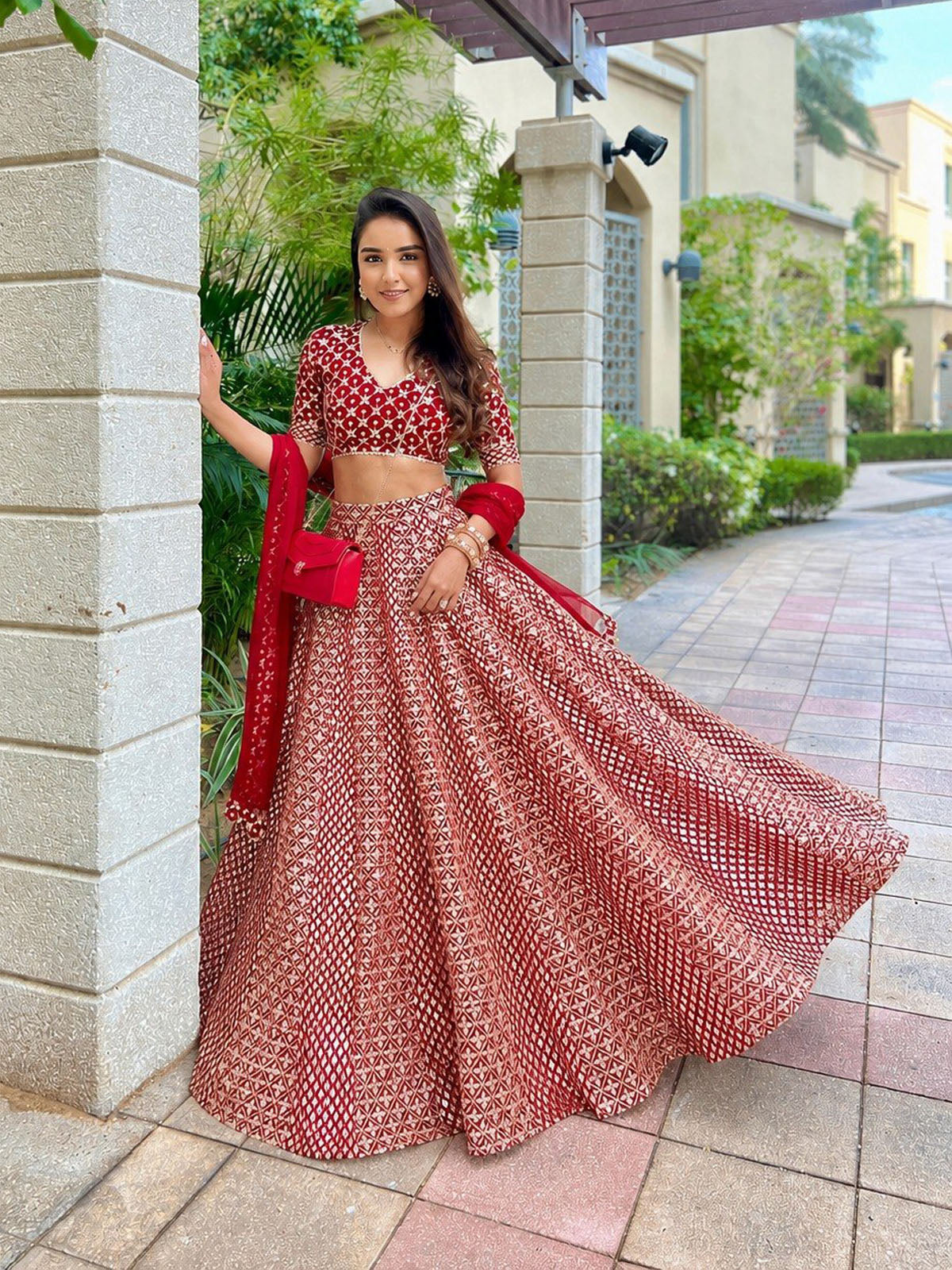 Shop FEALDEAL faux georgette lehenga for women with 9MM sequin, zari embroidery, 3m flair, cancan & canvas, embroidered blouse, dupatta and tassels.