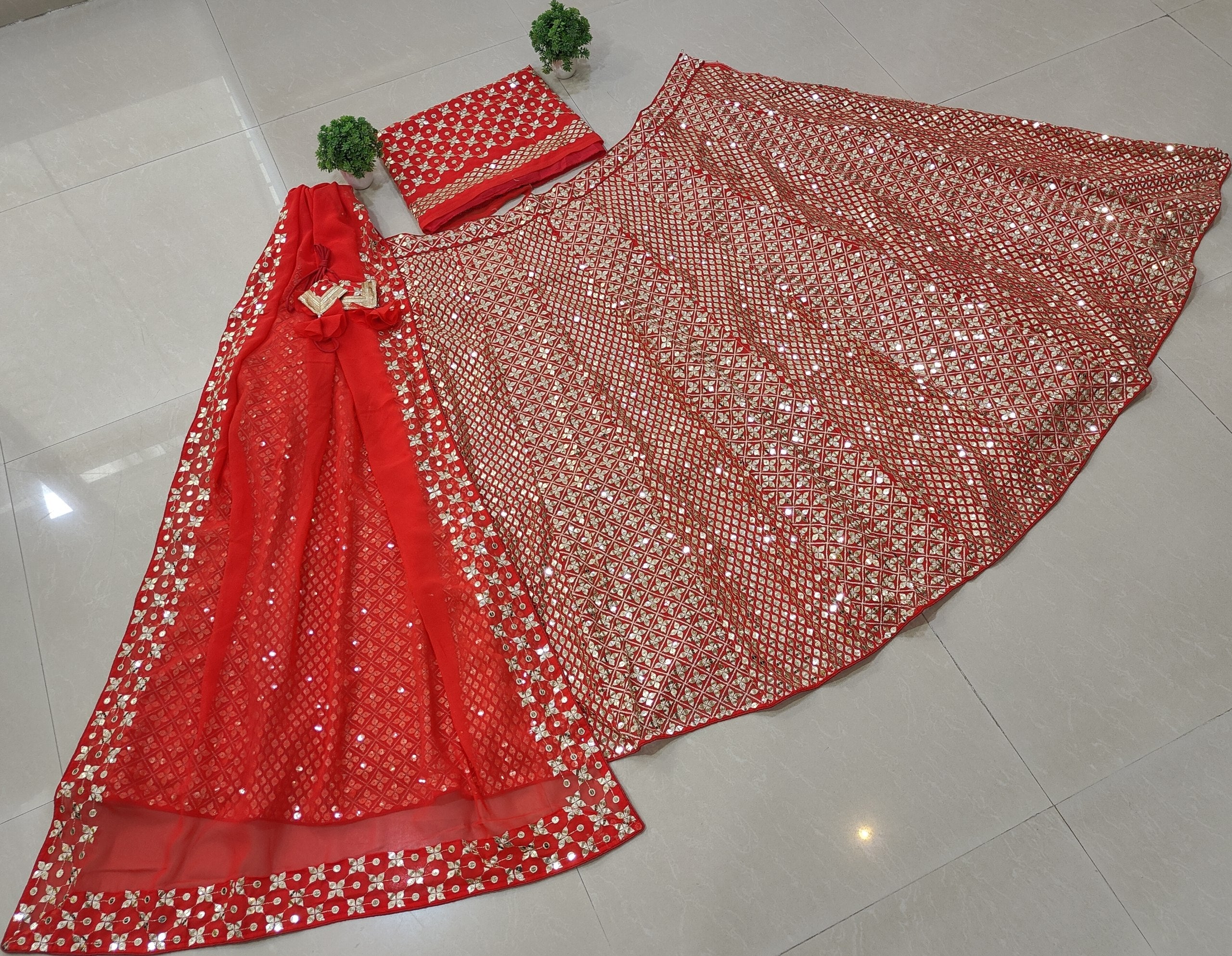 Faux Georgette Sequin Zari Embroidered Wedding Lehenga Set